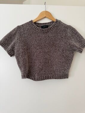 MAJORELLE Short-Sleeve Chenille Crop Sweater in Taupe Medium Revolve Knit